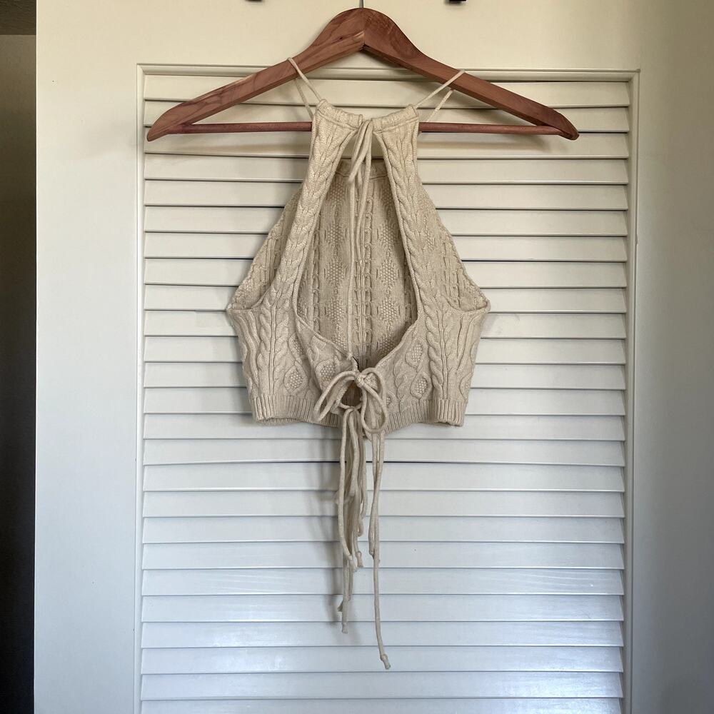 blanc Two Piece Cable Knit Cream Halter Crop Top Mini Skirt Set Size Medium - Picture 3 of 12